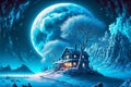 Fabulous mystic winter landscape, night scene with a moon and cute house in snow, Christmas time