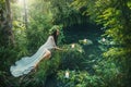 Fabulous mythical natural landscape. Forest fantasy woman sits on shore lake, nymph throws wreath in water. Old Slavic Royalty Free Stock Photo