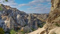 Fabulous natural volcanic tuff formation with cave rock houses in Open-air Museum Goreme,Cappadocia valley,Turkey Royalty Free Stock Photo