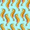 Fabulous nautical pattern with a fun orange sea horses .Vector illustration for children. Royalty Free Stock Photo