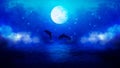 Fabulous night illustration with a magical dark blue sea and foggy clouds, seascape with jumping dolphins against the background