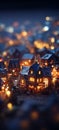 Fabulous night winter village with houses, lights, fir trees, snow and bokeh. Tilt shift style, soft light, selective