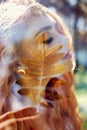 Fabulous portrait of a red-haired girl in nature with double exposure and glare. Beautiful redhead girl with long hair in forest Royalty Free Stock Photo