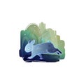 Fabulous rabbit runs on the background of an abstract forest, starry sky.