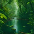 A fabulous river in the jungle. Landscape in a modern oil painting style. Modern impressionist oil painting of scenic forest with