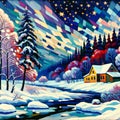 A fabulous snowy landscape of mountains, rivers, starry sky, little houses Royalty Free Stock Photo