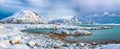 Fabulous snowy winter scene of  Valberg village with snowy  mountain peaks on Lofoten Islands Royalty Free Stock Photo