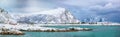 Fabulous snowy winter scene of  Valberg village with snowy  mountain peaks on Lofoten Islands Royalty Free Stock Photo