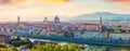 Fabulous spring panorama of Florence with Cathedral of Santa Maria del Fiore Duomo and Basilica of Santa Croce. Colorful sunset