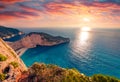 Fabulous spring sunrise on Shipwreck Beach. Colorful morning seascape of Ionian Sea, Zakinthos island, Greece