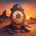 Fabulous stone clock against the backdrop of sunset and mountains in a fantastic style Royalty Free Stock Photo