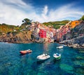 Fabulous summer cityscape of Riomaggiore, first city of Cique Terre sequence of hill cities. Spectacular morning scene of Liguria,
