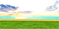 A fabulous sunset behind the clouds over the turquoise surface of a calm ocean. Green grass and yellow still warm sand. 3d