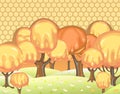 Fabulous sweet landscape with honey trees. Children's fantastic illustration with a honeycomb. Cartoon style. Cute