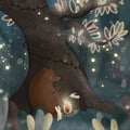 A fabulous tree. Night Forest, Animals and Campfire