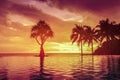 fabulous tropical sunset, silhouettes of palm trees against the background of orange and pink-purple sky. reflection of Royalty Free Stock Photo