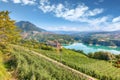 Fabulous View of the Cles Castel, the Santa Giustina Lake and lots of apple plantations Royalty Free Stock Photo