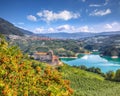 Fabulous View of the Cles Castel, the Santa Giustina Lake and lots of apple plantations Royalty Free Stock Photo