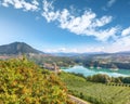 Fabulous View of the Cles Castel, the Santa Giustina Lake and lots of apple plantations Royalty Free Stock Photo