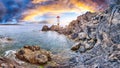 Fabulous view of sunrise over Capo Ferro Lighthouse