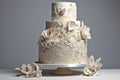 fabulous wedding cake, with floral and scroll designs, on white background