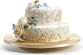 fabulous wedding cake, with floral and scroll designs, on white background