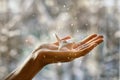 Fabulous white paper crane in the palm of your hand Royalty Free Stock Photo