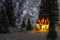 fabulous winter house in the forest at night, the moon is shining, it is snowing. New year greeting card Royalty Free Stock Photo