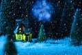 fabulous winter house in the forest at night, the moon is shining, it is snowing. New year greeting card Royalty Free Stock Photo