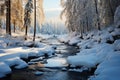 Fabulous winter landscape, a serene frozen river surrounded by coniferous forest