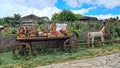 Fabulous wooden horse and a large cart with colorful flowers in boxes stand near the fence