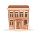 Facade of abandoned two storey house with broken windows and door boarded up. Old suburban cottage cartoon vector Royalty Free Stock Photo