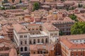 Facade in aerial view of Cassa di Risparmio palace with basilica in background, Bologna ITALY