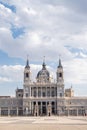 Facade of the Almudena Cathedral in Madrid seen from the royal palace