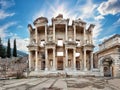 Facade of antique library of Celsus in Ephesus under bright sun Royalty Free Stock Photo