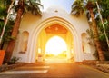 Facade of arch at the entrance beautiful hotel in Egypt. Royalty Free Stock Photo