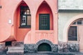Pink arch facade of a classic Jugendstil building, Helsinki - Finland