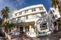 facade of art deco hotel Avalon with palm trees at ocean drive, south beach, Miami Royalty Free Stock Photo