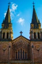 Facade of the Basilica de Santa Maria la Real de Covadonga or Basilica of Covadonga in Cangas de Onis, Asturias, Spain. Popular Royalty Free Stock Photo