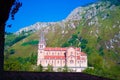 Facade of the Basilica de Santa Maria la Real de Covadonga or Basilica of Covadonga in Cangas de Onis, Asturias, Spain. Popular Royalty Free Stock Photo