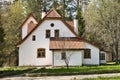 Facade of beautiful white house in Polenovo homestead. The artists studio in Polenovo estate. Polenovo, Tula Region