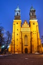 The facade and bell towers of the historic Gothic cathedral at night Royalty Free Stock Photo