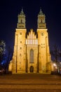 The facade and bell towers of the historic Gothic cathedral at night Royalty Free Stock Photo
