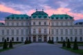 Facade of the Belvedere Palace against the backdrop, sunset. Vienna, Austria