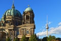 Facade of the Berlin Dome at the Lustgarten and the Berlin TV Tower in the downtown of Berlin