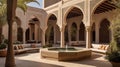 Facade of a building in Andalusian design, rectangular shape, long windows, ledge with columns,