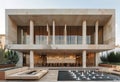 Facade of a building in Andalusian design, rectangular shape, long windows, ledge with columns,