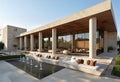 Facade of a building in Andalusian design, rectangular shape, long windows, ledge with columns,