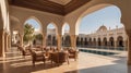 Facade of a building in Andalusian design, rectangular shape, long windows, ledge with columns,