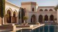 Facade of a building in Andalusian design, rectangular shape, long windows, ledge with columns,